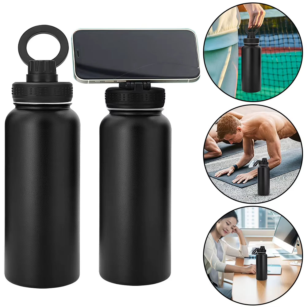 Magnetic Phone Holder Water Bottle Insulated Water Bottle 1000Ml Leak Proof Double Wall Vacuum Insulated Stainless Steel Thermos